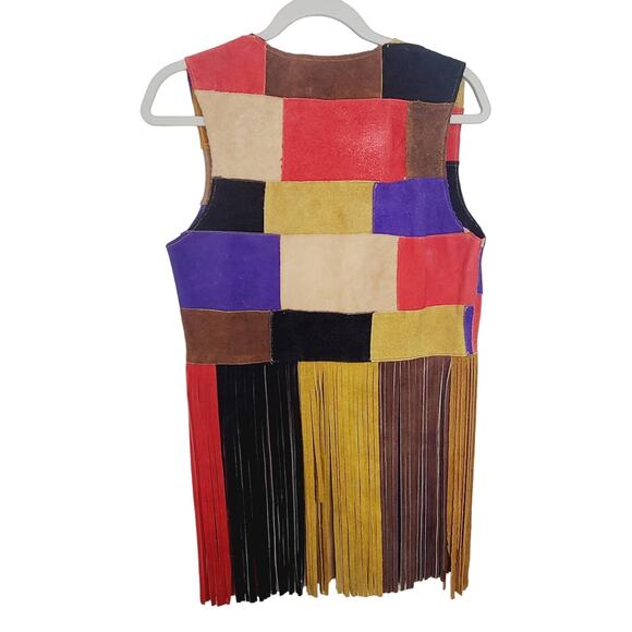 Vintage Suede Color Block Fringed Vest Art Colorful Festival Wear M - Picture 4 of 13